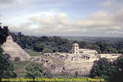 Inscription Temple & El Palacio from Cruz Foliada, Palenque, Mexico Inscription Temple & El Palacio from Cruz Foliada, Palenque, Mexico
