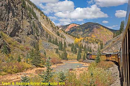  Train & Animas River near mile 494, Durango & Silverton Railroad, CO, USA