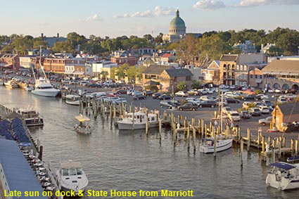 Late sun on dock & State House from Marriott, Annapolis, MD, USA Late sun on dock & State House from Marriott, Annapolis, MD, USA
