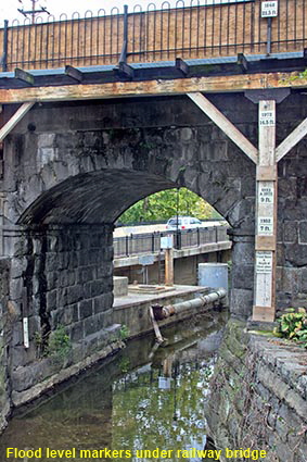 Flood level markers under railway bridge, Ellicott City, MD, USA